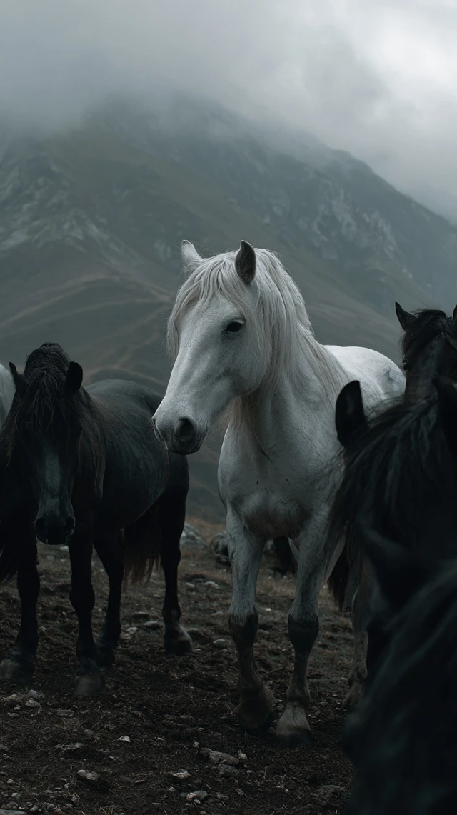 Horses on a Mountain Slope Misty Moody Atmosphere