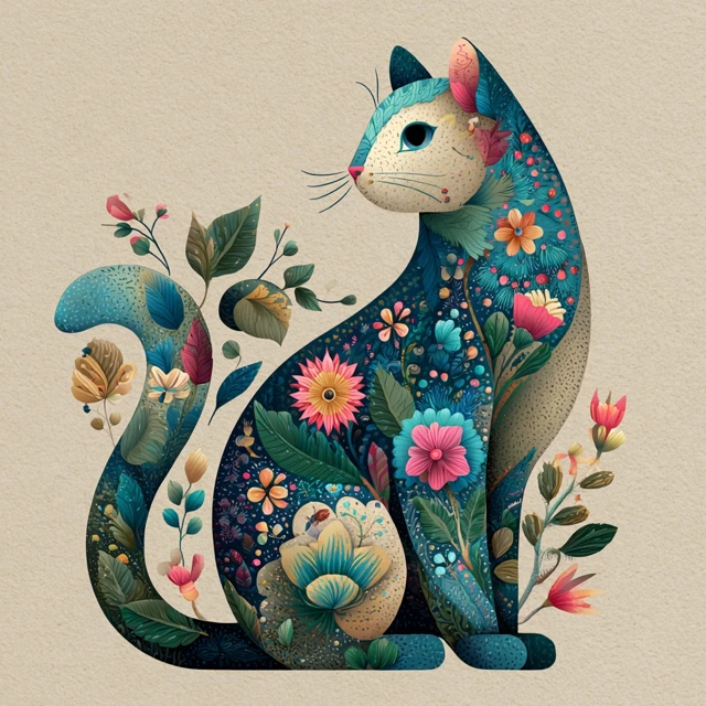 Folk Art Cat Illustration Colorful Floral Design