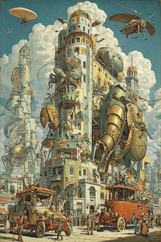 Surreal City of Mechanical Insect Robots