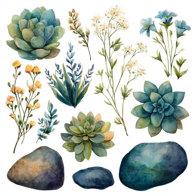 Watercolor Succulents Flowers Stones Clipart