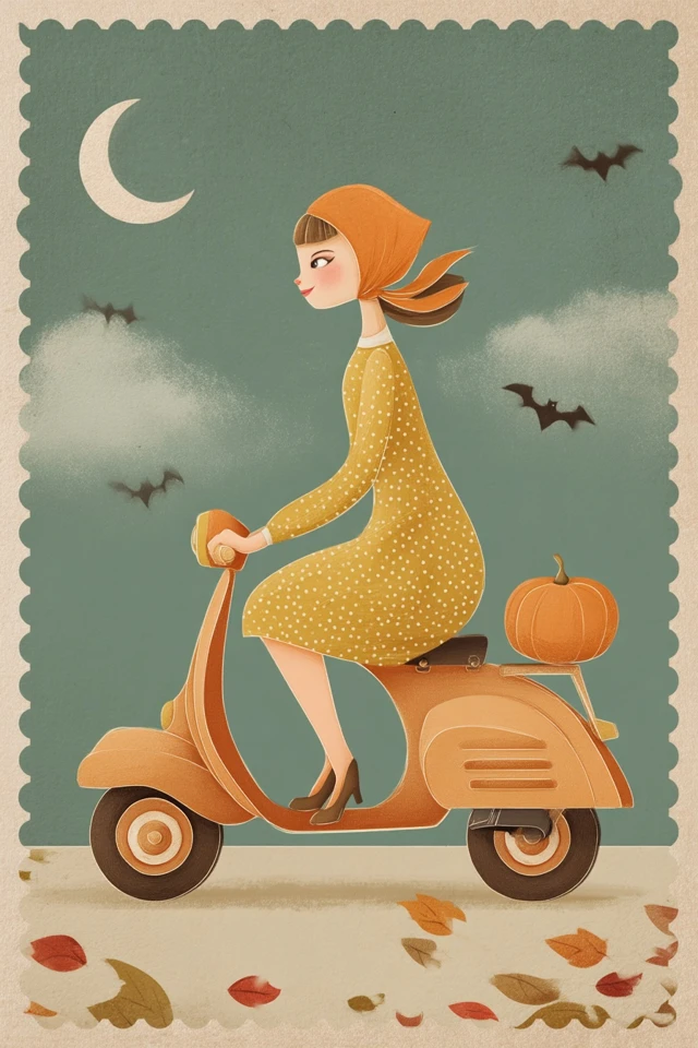 Vintage Halloween Girl on Scooter Illustration