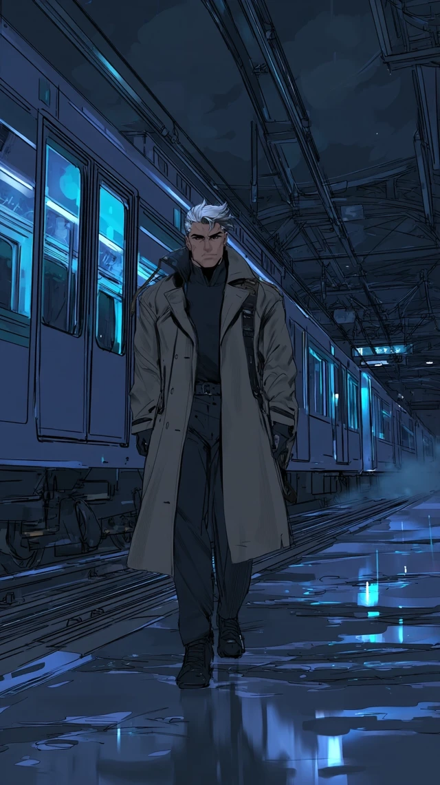Anime Subway Scene Man in Raincoat
