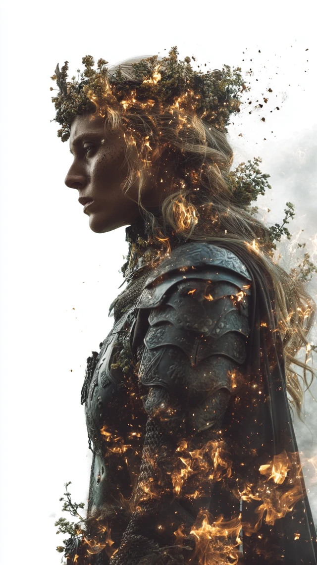 Warrior Queen in Armor Fire and Smoke Portrait