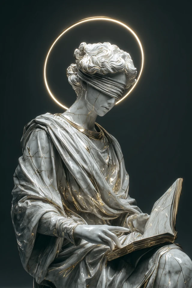 3D Statue of Wisdom: Blindfolded Figure with Halo