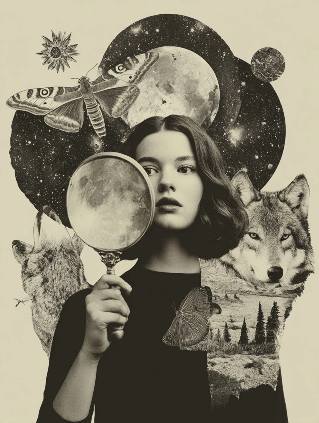 Woman Mirror Cosmic Wolves Moon Retro Art