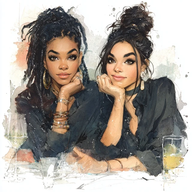 Watercolor Portrait of Two Beautiful Women