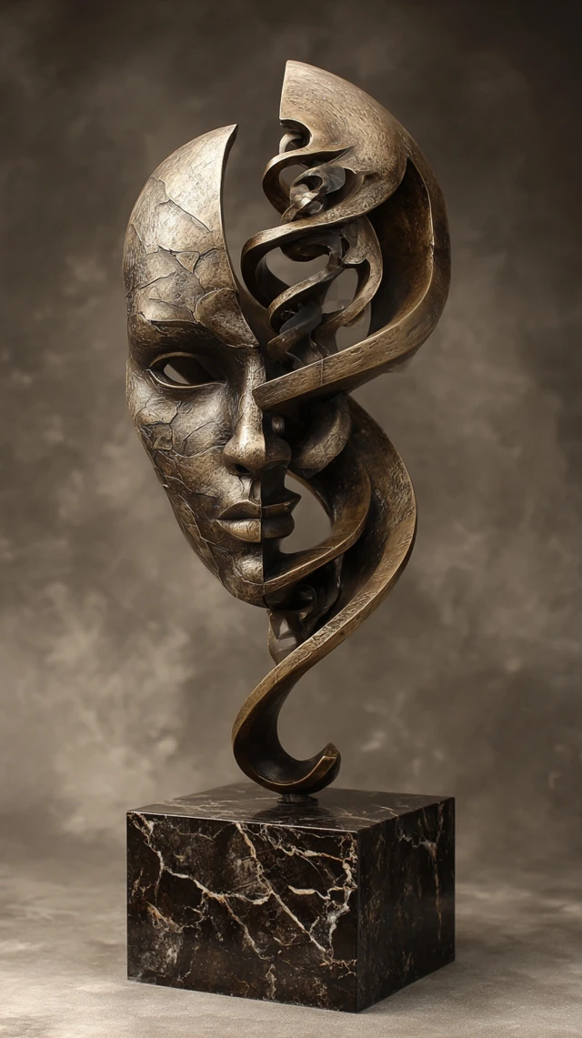 Fractal Bronze Sculpture Abstract Face Art