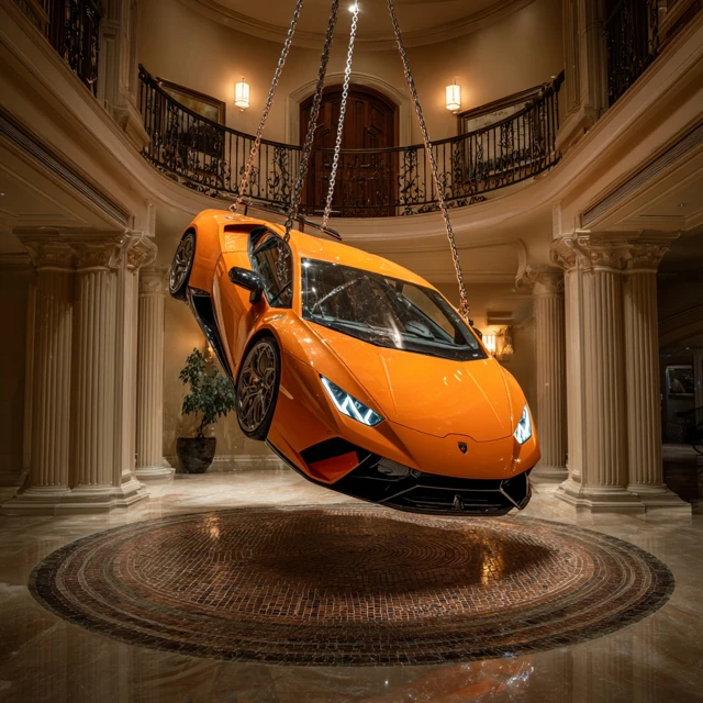 Luxury Mansion Foyer with Upside Down Lamborghini