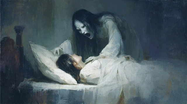 Ghostly Figure Haunts Sleeping Woman in Eerie Scene