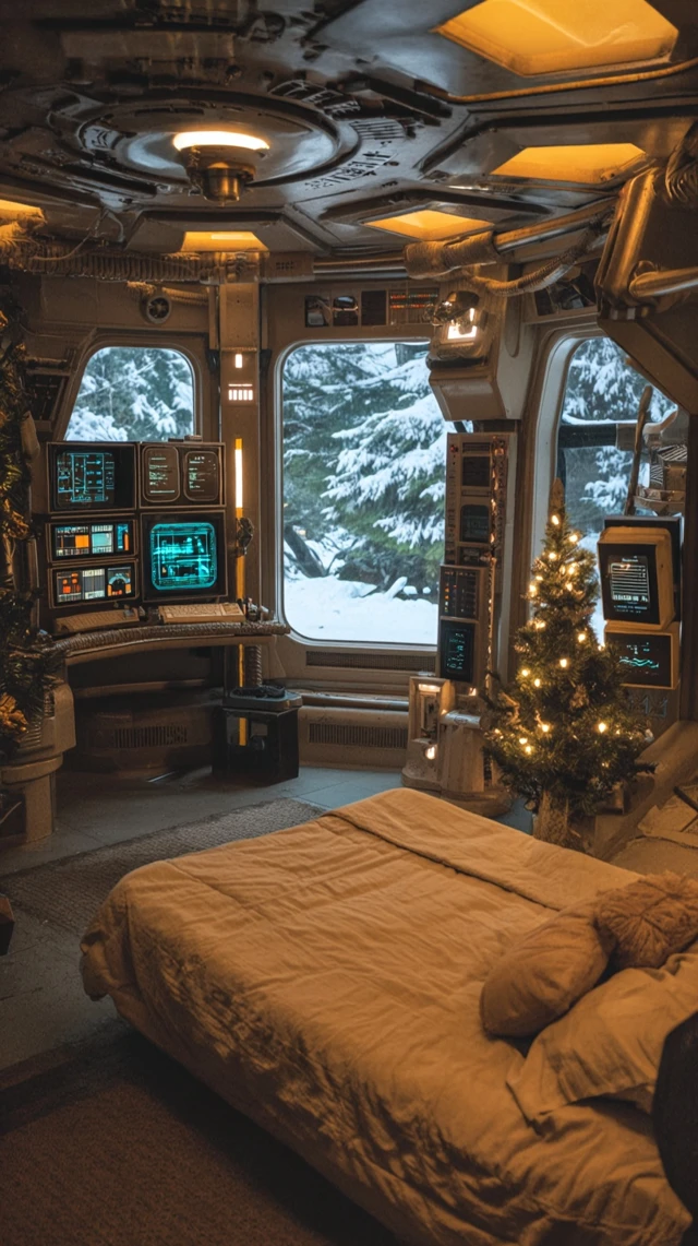Retro Spaceship Interior Christmas Winter Scene