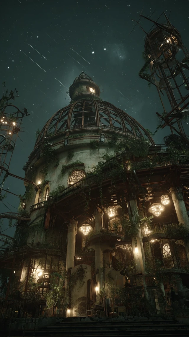 Steampunk City in Decay Nighttime Scene