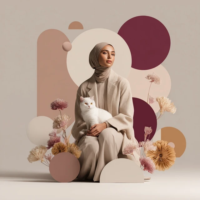 Woman in Hijab with Cat Modern Fashion Portrait