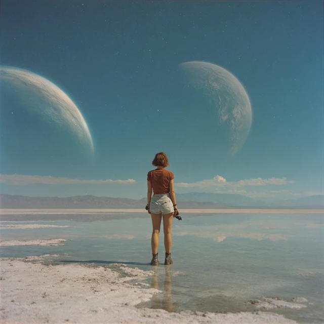 Woman on Salt Flats Dystopian Surreal Landscape