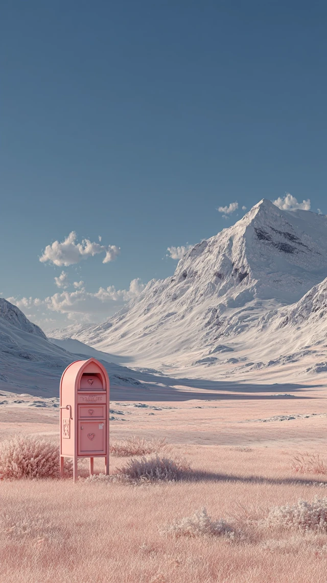 Surreal Mountain Landscape with Pink Mailbox