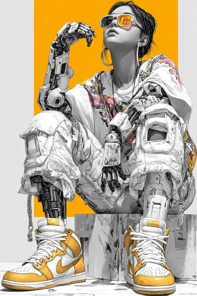 Cyberpunk Japanese Woman with Robotic Arm and Dunks