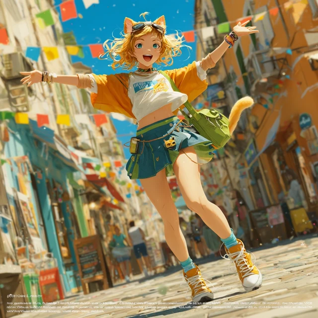 Anime Catgirl Dancing in a Colorful Street Scene