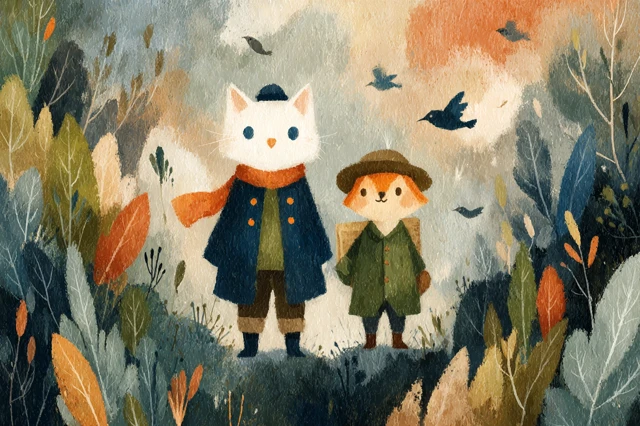 Whimsical Cat and Fox Adventure in a Floating Forest