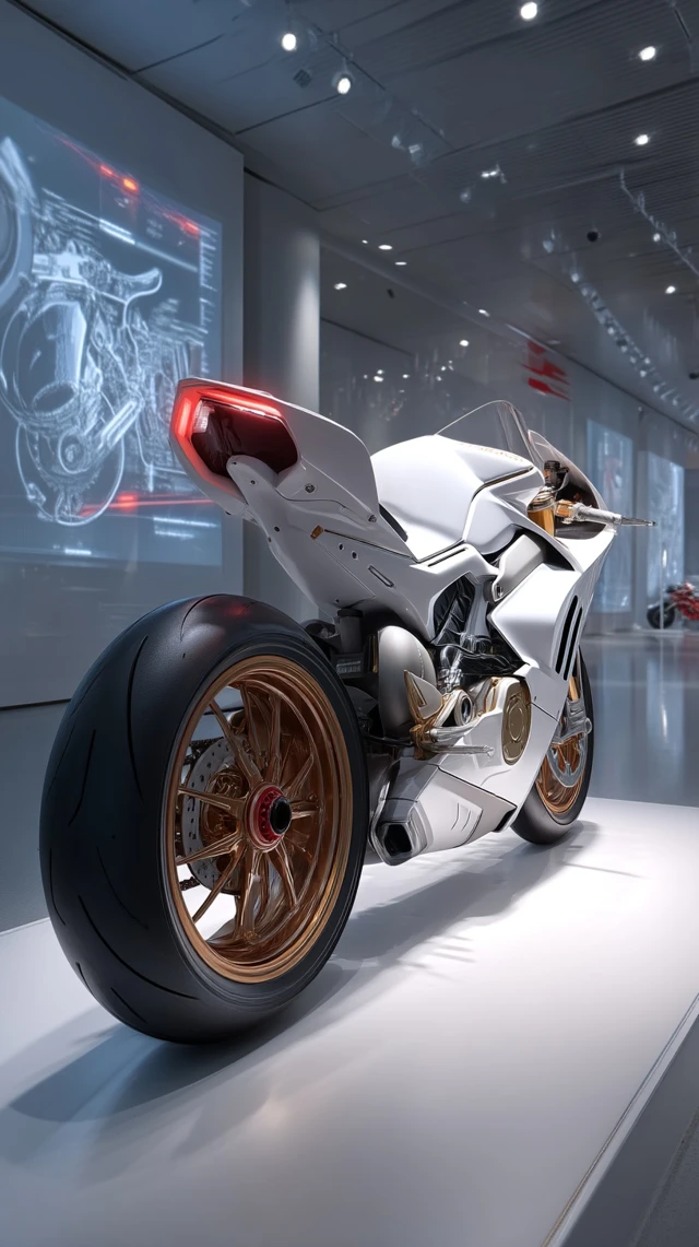 Futuristic White Superbike in Art Gallery