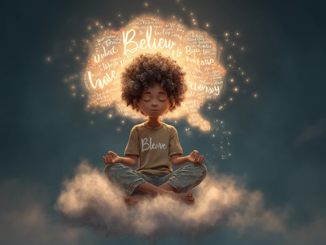 Boy Meditating on a Cloud Believe Dream Brave Love