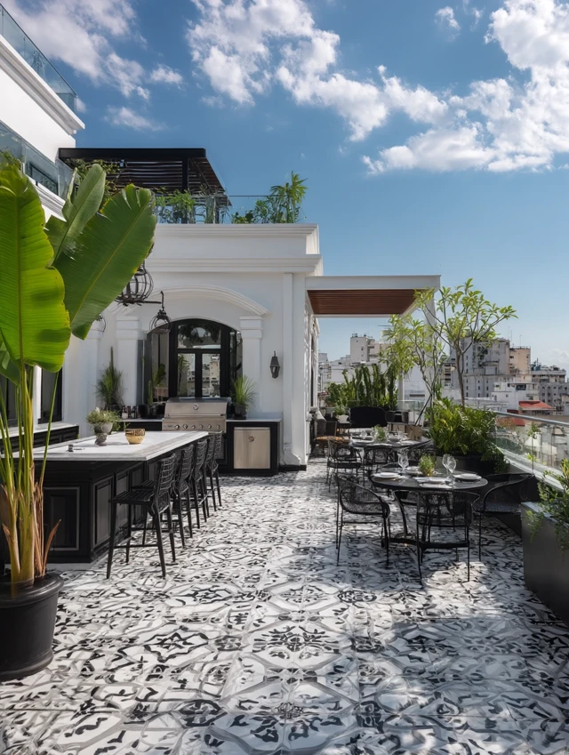 Retro French Colonial Terrace Black and White Luxury