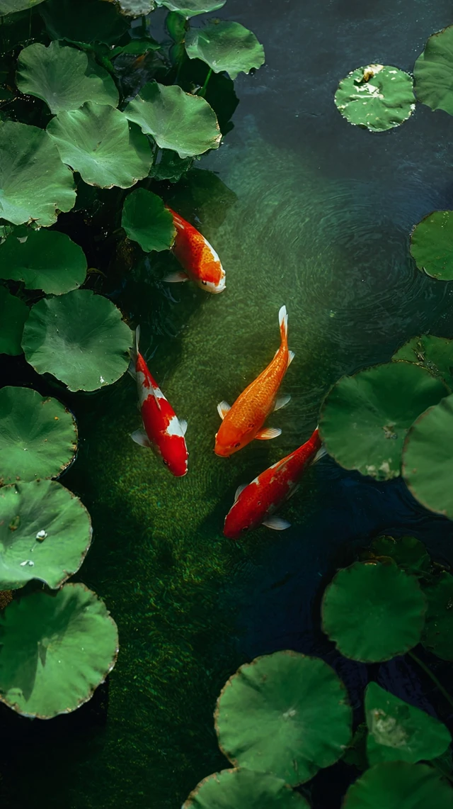 Koi Fish and Lotus Leaves in Tranquil Waters