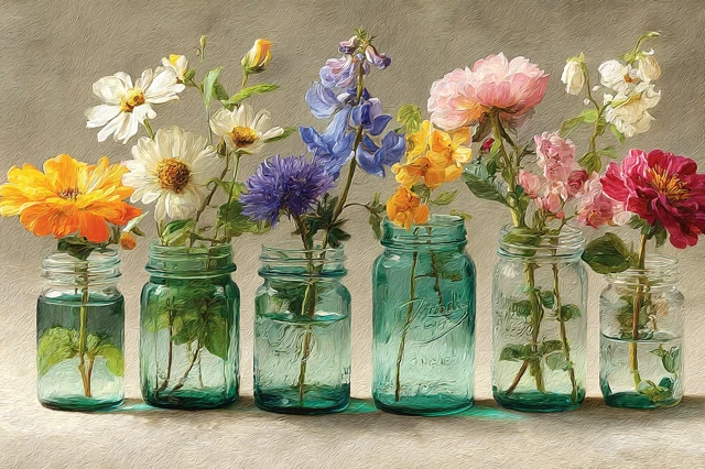 Mason Jars with Wildflowers Watercolor Painting
