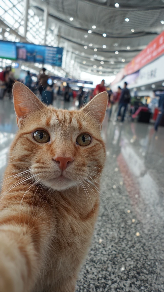 Cat Selfie at Airport Orange Tabby in China