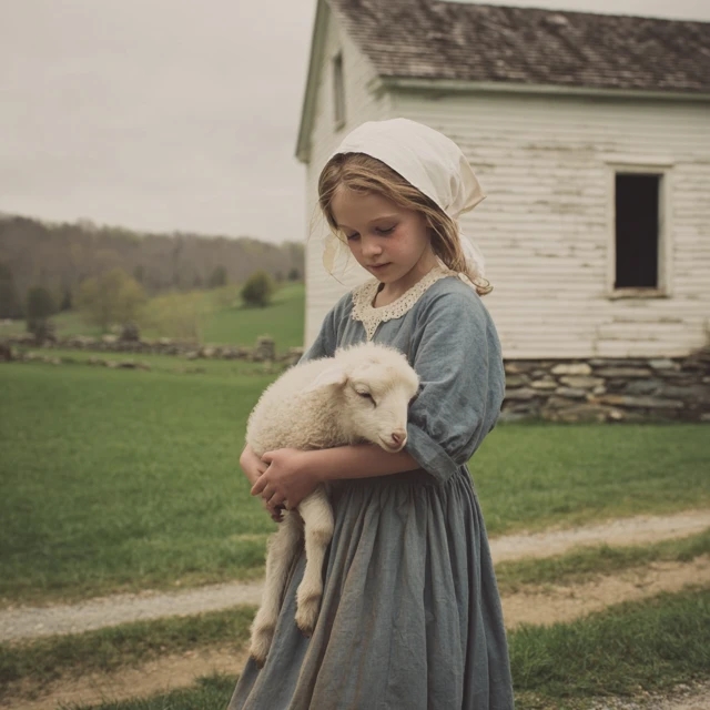 Young Girl and Lamb in 1810s New England