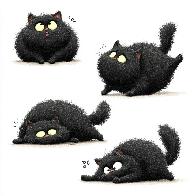 Cute Chubby Black Cat Funny Facial Expressions 3D Cartoon