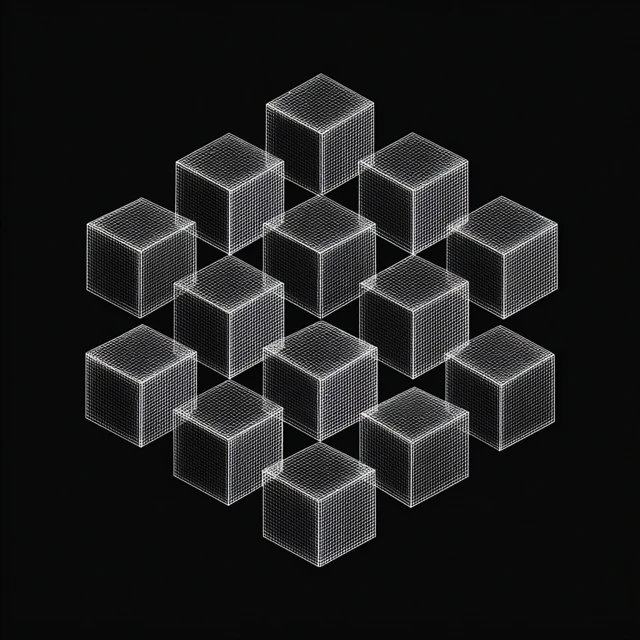 Rotating Cube Grid Abstract Art on Black Background