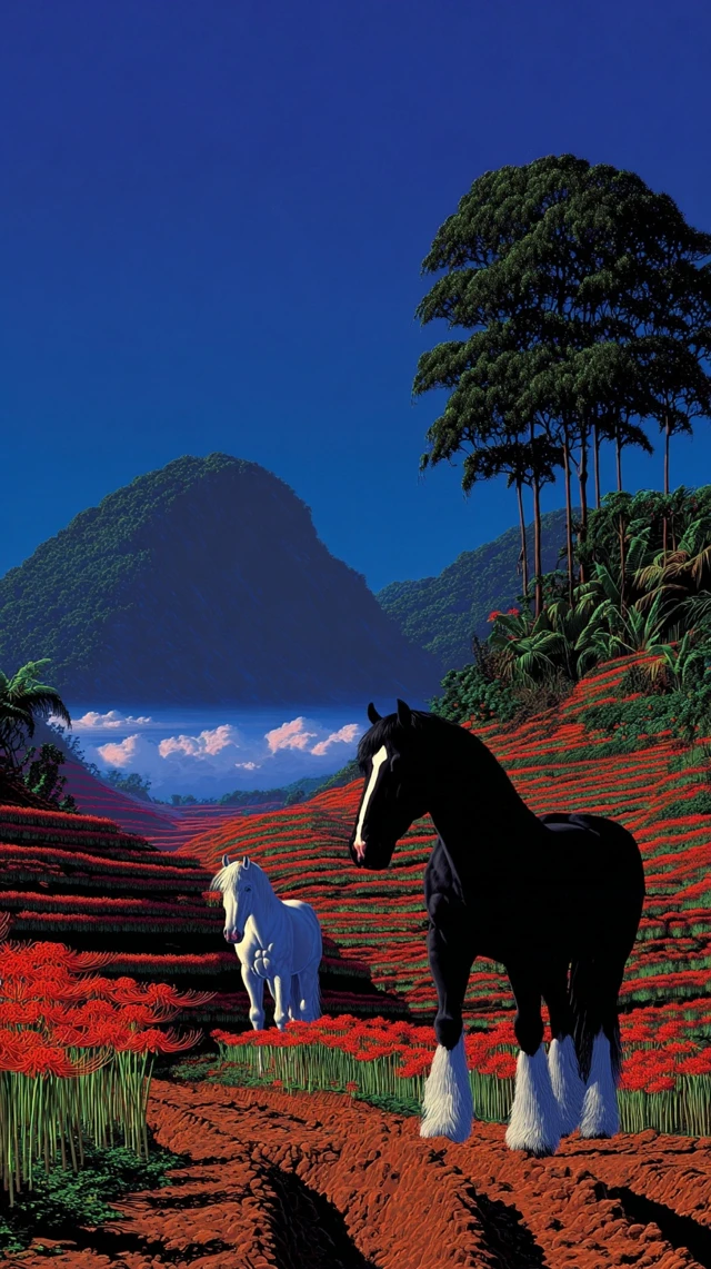 Clydesdale Horses in Mystical Landscape