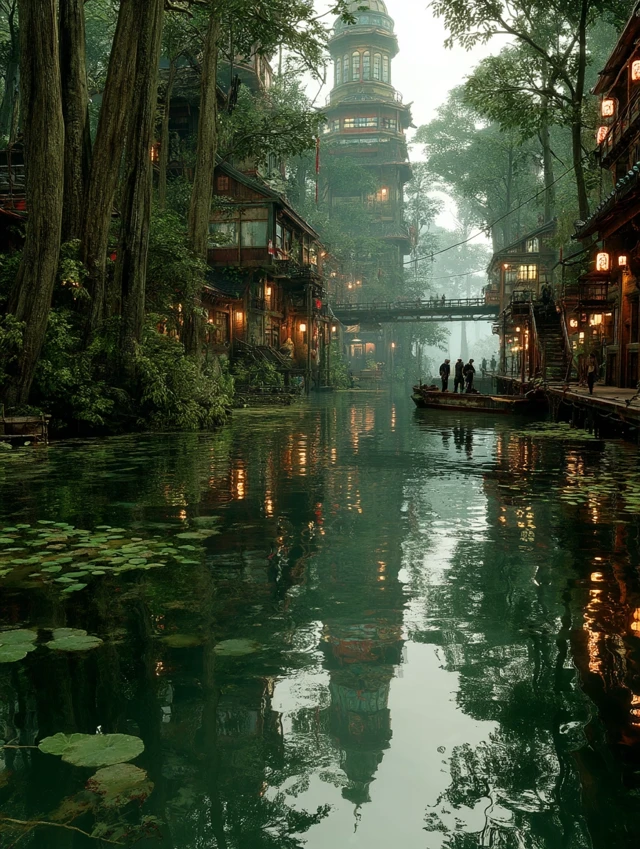 Cyberpunk Forest City: Chinese Architecture in Nature