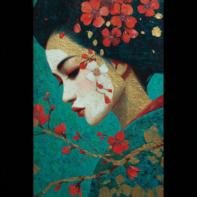 Geisha Painting with Sakura Flowers and Gold