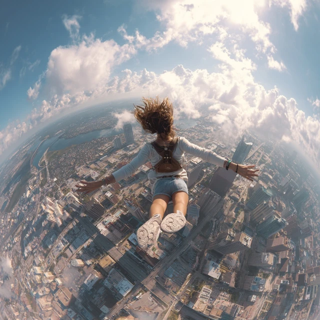 Girl Flying Over City Drone Shot Cinematic