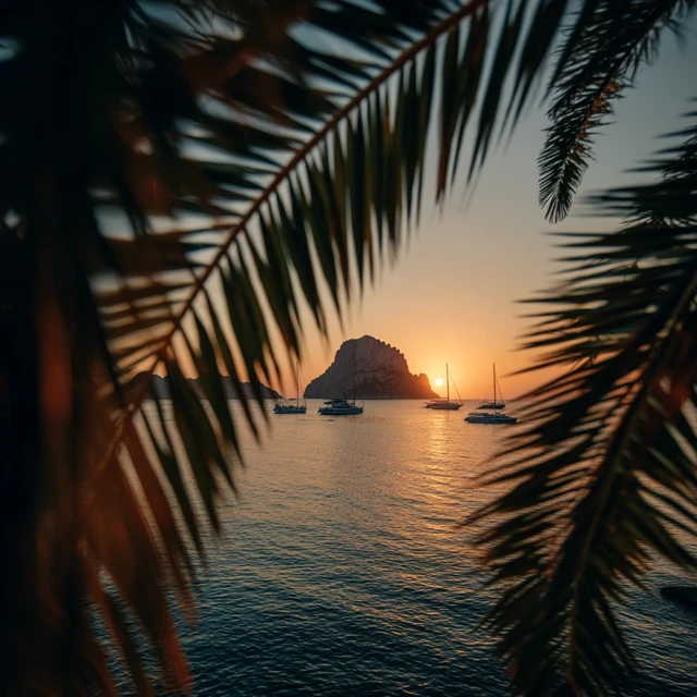 Ibiza Sunset View Through Palm Leafs Cinematic
