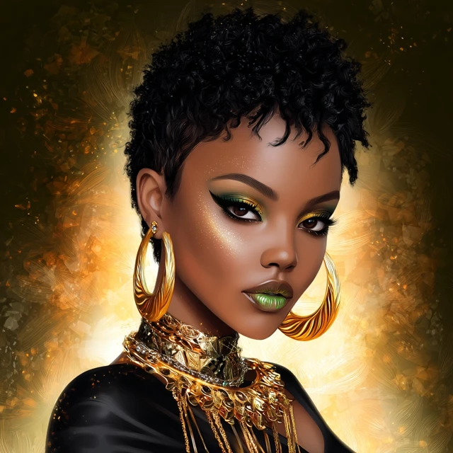 Black Woman Portrait with Gold Jewelry and Green Lipstick