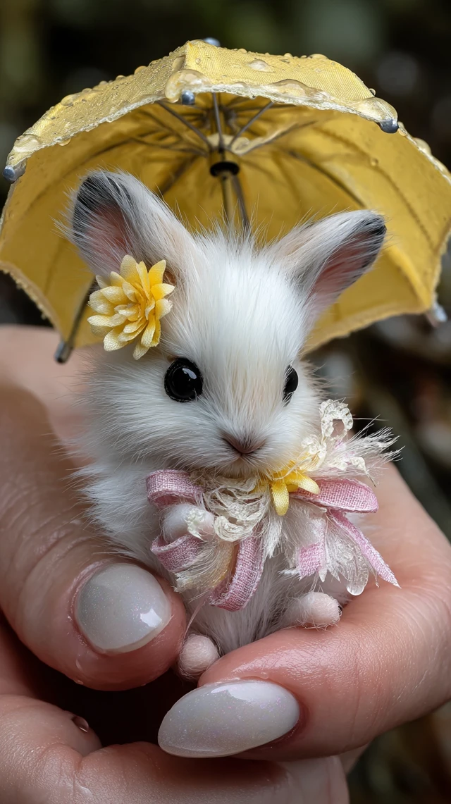 Angora Rabbit and Mouse Under Umbrella