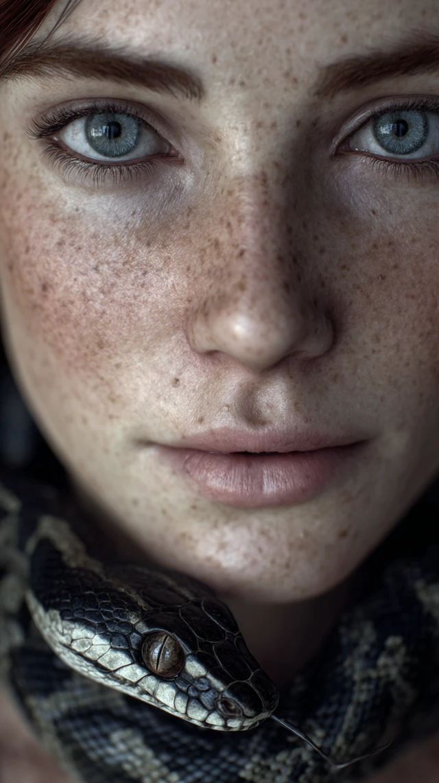 Woman with Freckles and a Snake Editorial Photo
