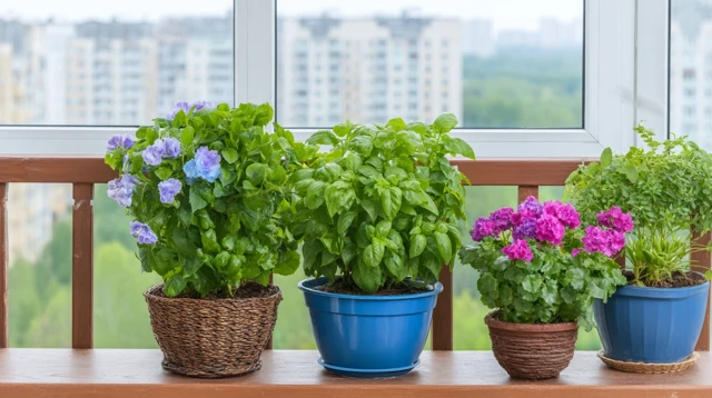Urban Balcony Garden Flowers and Herbs in Morning Light