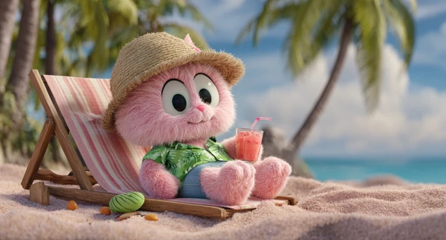Cute Pink Creature Relaxing on a Tropical Beach