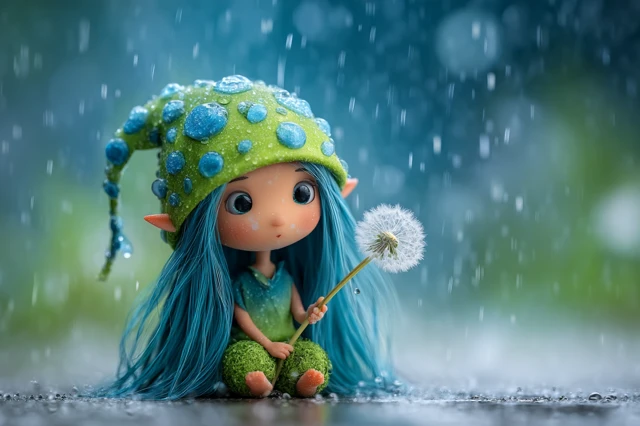 Cute Fairy with Blue Hair Holding Dandelion