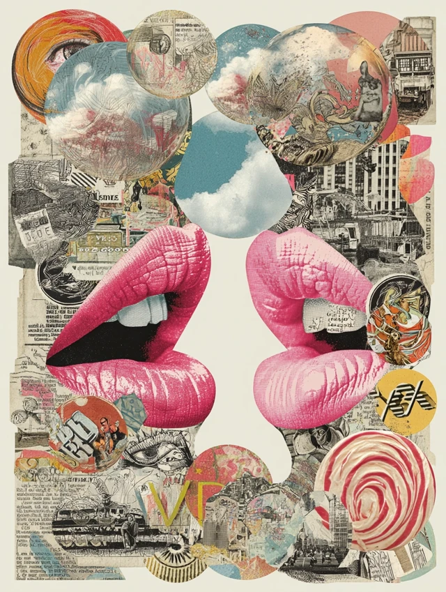 Collage Art: Lips Blowing Miniature Worlds