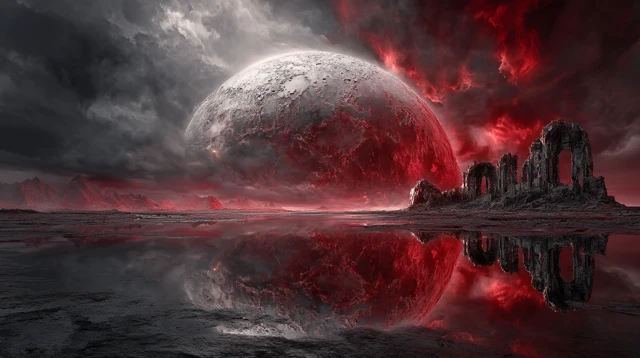 Surreal Alien Landscape with Crimson Moon Concept Art