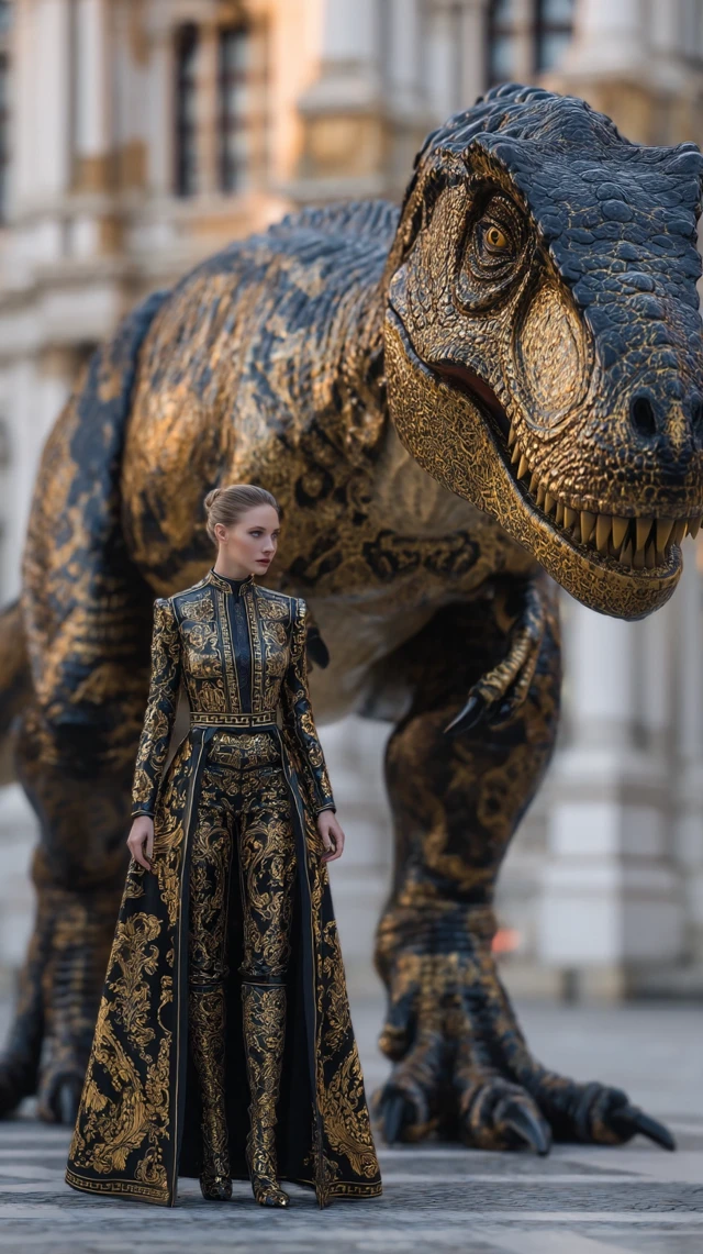Versace Woman and Dinosaur Regal Portrait