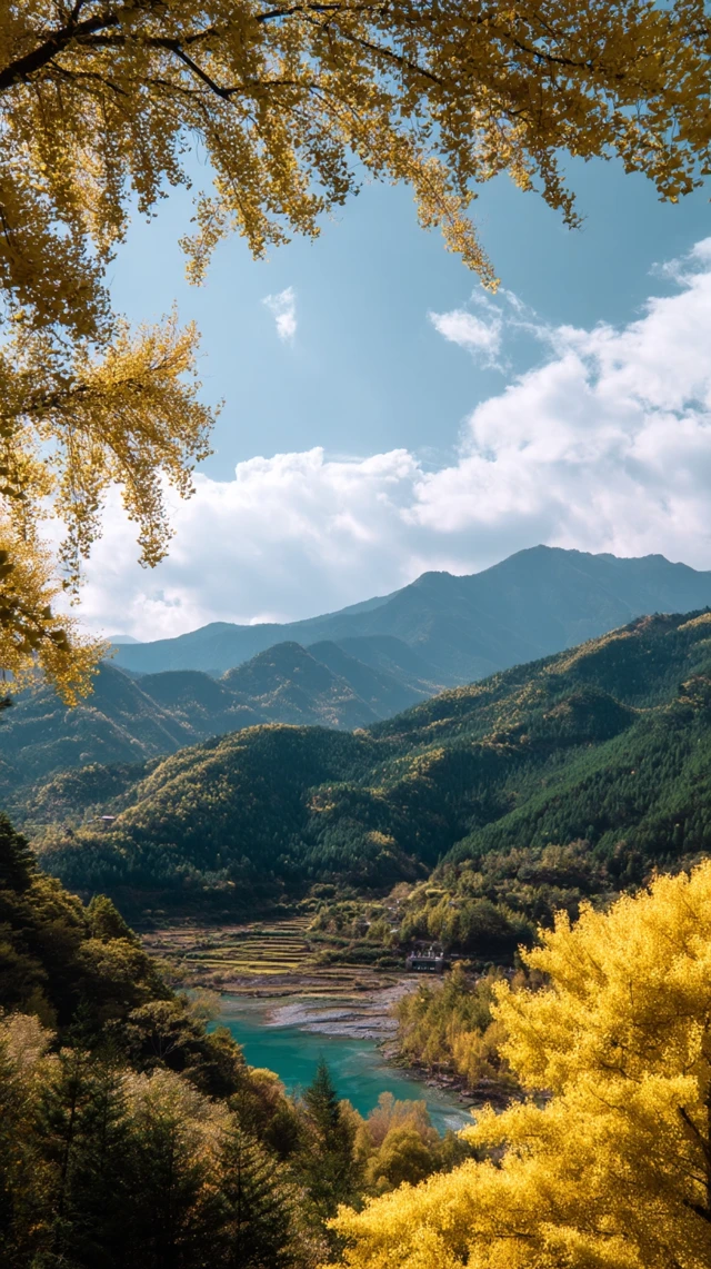 Ginkgo Forest Landscape with Mountains and Water