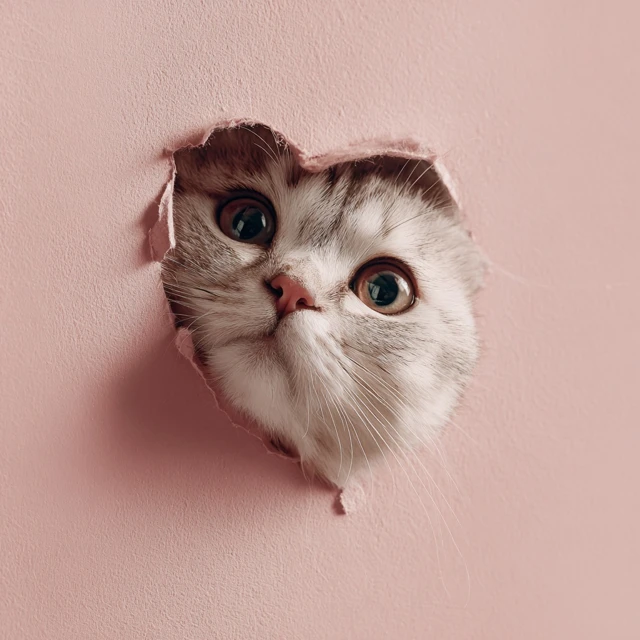 Cute Cat Peeking Through Pink Hole Tender Moment