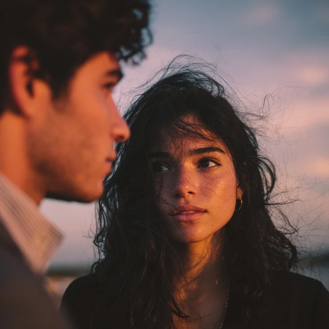 Romantic Sunset Encounter Young Woman and Man