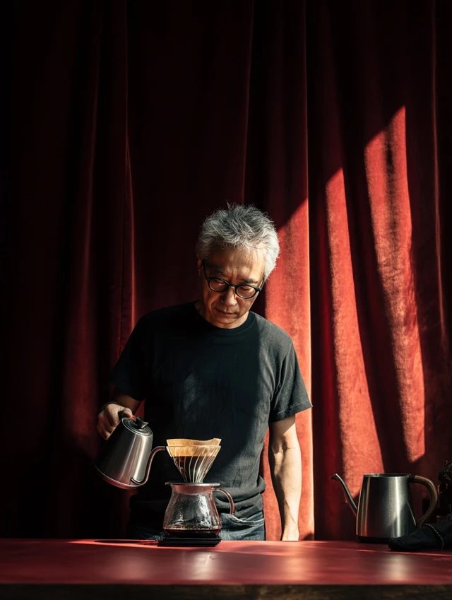 Man Brewing Coffee Pour Over Dramatic Lighting