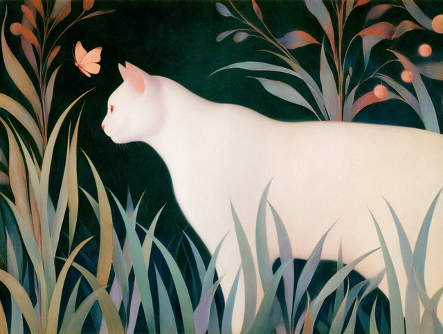 White Cat Chasing Butterfly Art