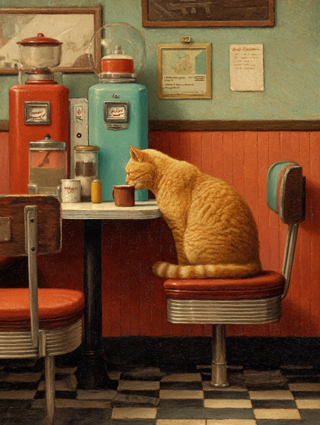 Cat in Diner Drinking Coffee